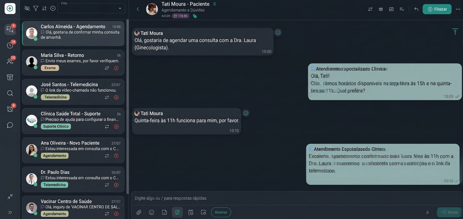 Painel do CRM Zap com atendimento de clínica no WhatsApp